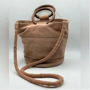 Lucky Brand Rose Colored Suede Leather Crossbody Bucket Bag with Wooden Handles